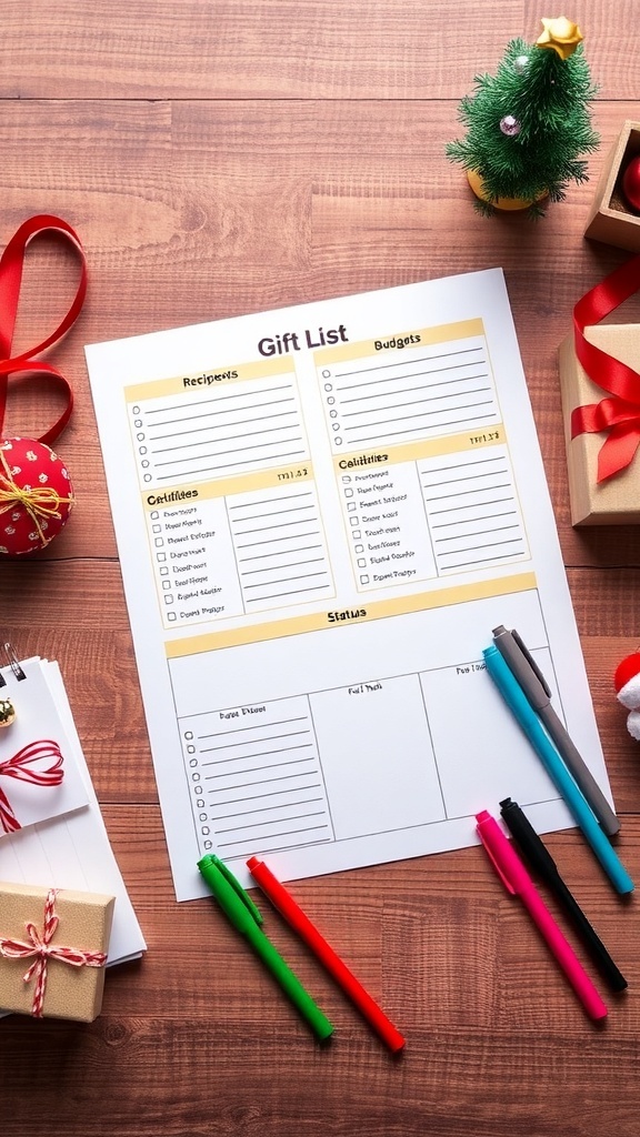 A Christmas gift list template on a table with festive decorations.